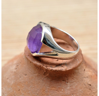 Bague ronde semi clos et pierre Améthyste facettée (violet) T55