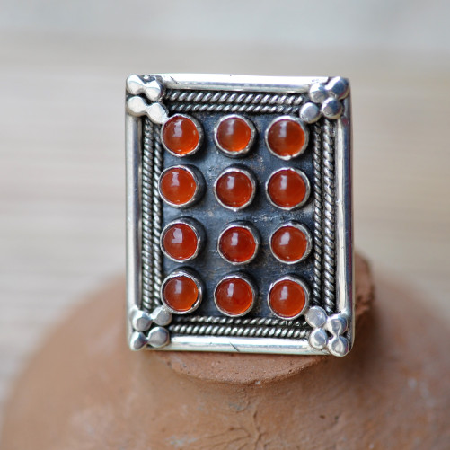 Bague rectangulaire argent 12 pierres en Cornaline T53