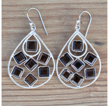 Grandes boucles en goutte argent et 7 pierres carrées en quartz fumé