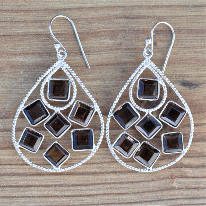 Grandes boucles en goutte argent et 7 pierres carrées en quartz fumé