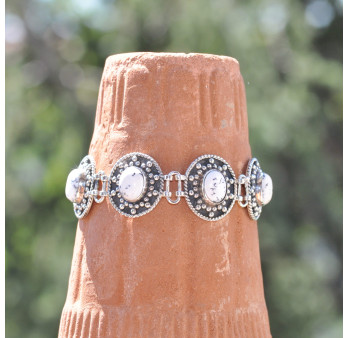 Bracelet ethnique argent ciselé avec 6 pierres en AGATE DENDRITE (blanc)