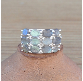 Grosse bague chevalière argent et 12 pierres Labradorite (vert)