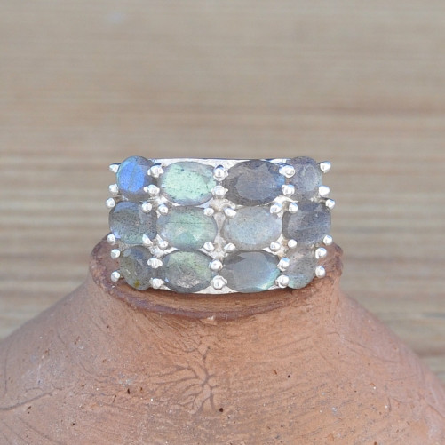 Grosse bague chevalière argent et 12 pierres Labradorite (vert)