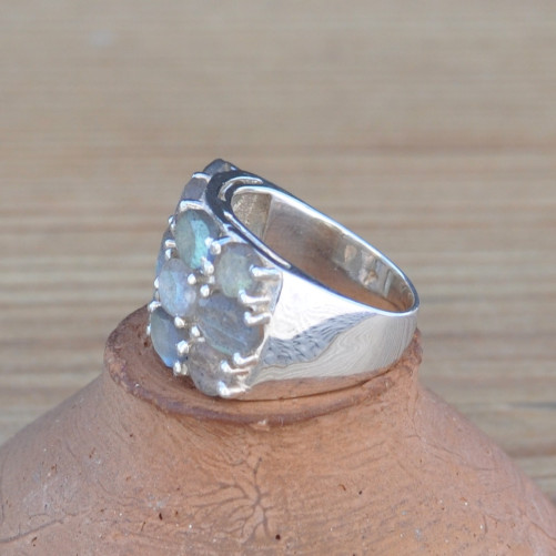 Grosse bague chevalière argent et 12 pierres Labradorite (vert) T55