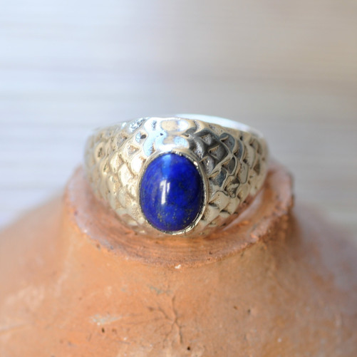 Bague chevalière homme argent et pierre en Lapis lazuli