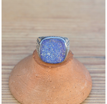 Grosse chevalière homme en argent gravé et pierre Lapis lazuli T67