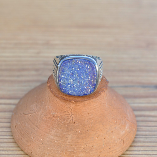 Grosse chevalière homme en argent gravé et pierre Lapis lazuli T67
