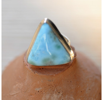 Grosse bague pierre Larimar bleu triangulaire en argent T54