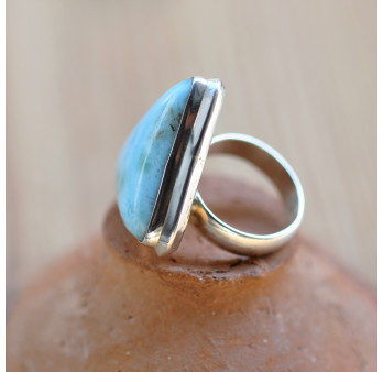 Grosse bague pierre Larimar bleu triangulaire en argent T53