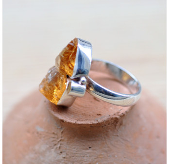 Grosse bague argent 4 pierres en Citrine brute et facettées (jaune) T59