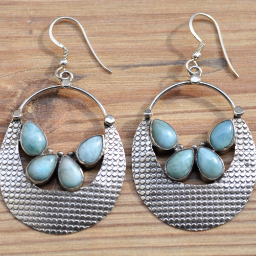Grandes boucles d'oreilles argent 4 pierres en larimar bleu
