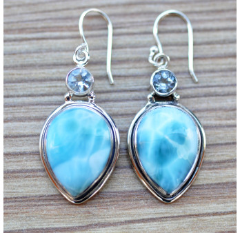 Grosses boucles argent pierre goutte en larimar et topaze bleue
