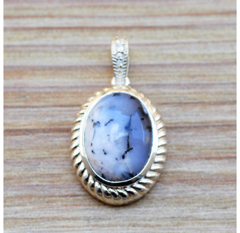 Pendentif ovale argent et pierre en agate dendrite (blanc)