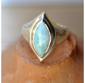 Bague chevalière argent lisse pierre navette en Larimar T60