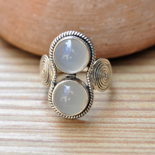 Bague argent spirales 2 pierres rondes en Calcédoine