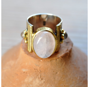 Bague anneau large argent et dorure 3 pierres en Quartz rose