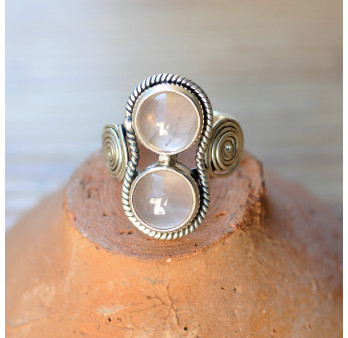 Bague argent spirales 2 pierres rondes en Quartz rose