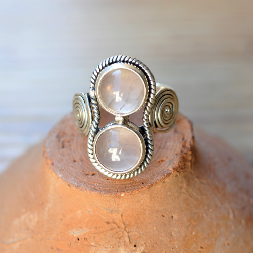 Bague argent spirales 2 pierres rondes en Quartz rose