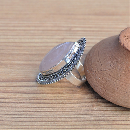 Grosse bague monture plate en argent et pierre naturelle Quartz T56