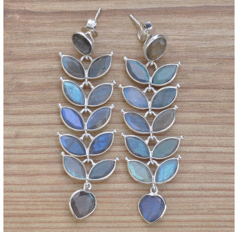NEW ! Longues boucles chics en argent et 12 pierres Labradorite