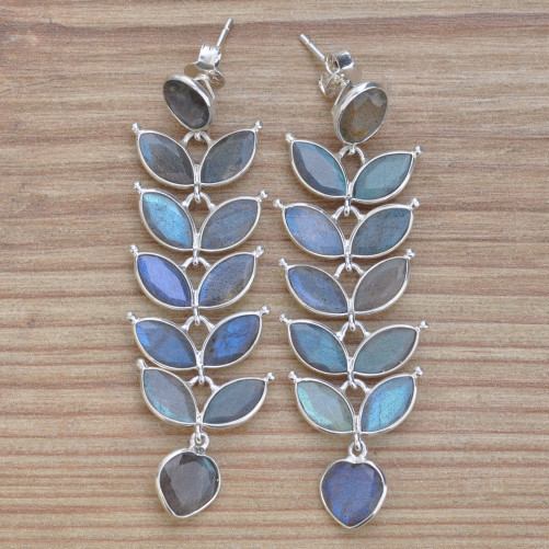 NEW ! Longues boucles chics en argent et 12 pierres Labradorite