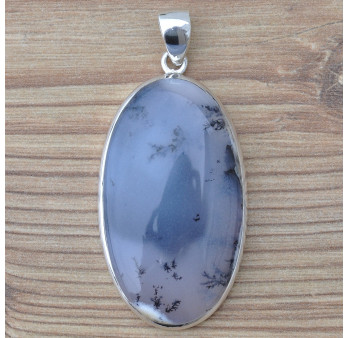 Gros pendentif ovale argent et pierre Agate dendrite (blanc)