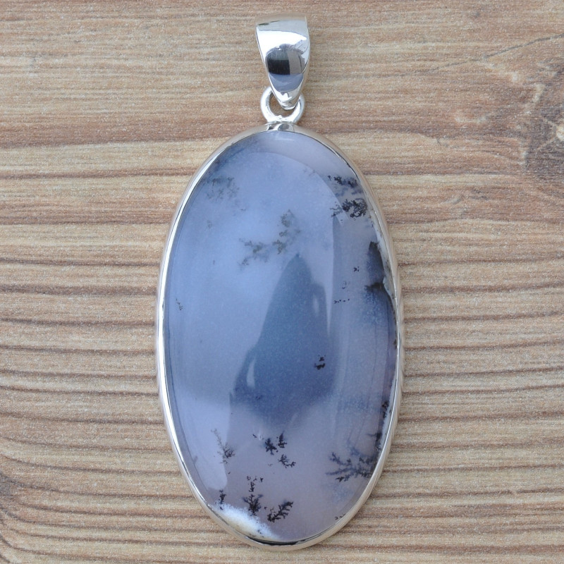 Gros pendentif ovale argent et pierre Agate dendrite (blanc)