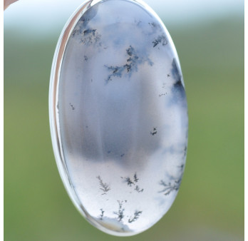 Gros pendentif ovale argent et pierre Agate dendrite (blanc)
