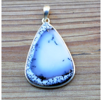 Très gros pendentif goutte argent et pierre en agate dendrite (blanc)