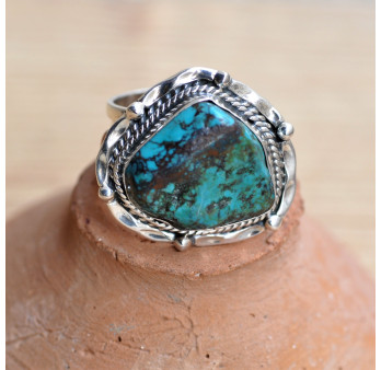 Bague argent martelé pierre en Turquoise du Tibet et corail T58