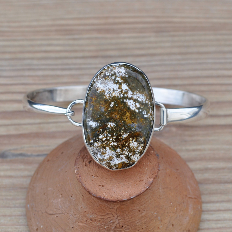 Bracelet jonc en argent avec une grosse pierre Jaspe océan ovale Bracelet jonc en argent avec une grosse pierre Jaspe océan ovale