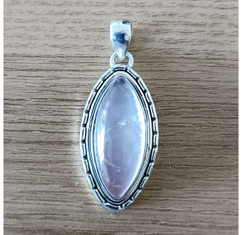 Pendentif navette argent ciselé pierre QUARTZ ROSE