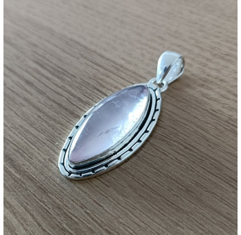Pendentif navette argent ciselé pierre QUARTZ ROSE