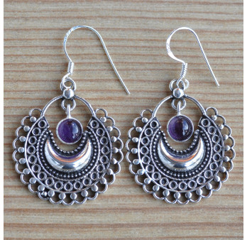 Boucles d'oreilles collerette argent et pierre suspendue en améthyste