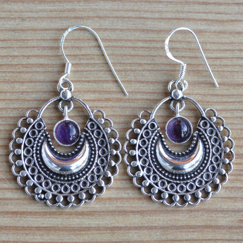 Boucles d'oreilles collerette argent et pierre suspendue en améthyste