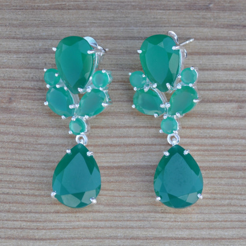 Longues boucles argent 7 pierres Agate verte (vert)