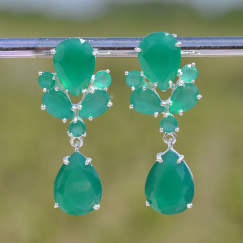 Longues boucles argent 7 pierres Agate verte (vert)