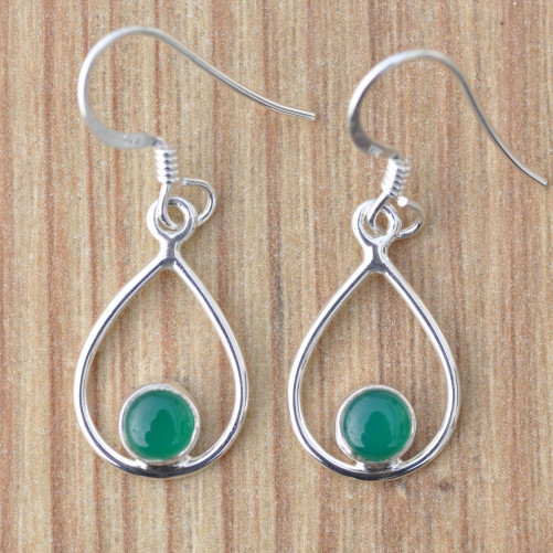 Petites boucles d'oreilles pierre ronde en Agate verte sur une monture fine en argent (vert)