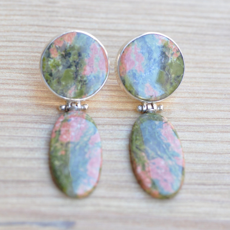 Longues boucles d'oreilles articulées 2 pierres Jaspe unakite argent 925 Longues boucles d'oreilles articulées 2 pierres Jaspe unakite argent 925