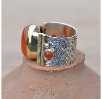 Bague anneau large pierre ovale cabochon en Cornaline (orange) T49/50/52/53/54