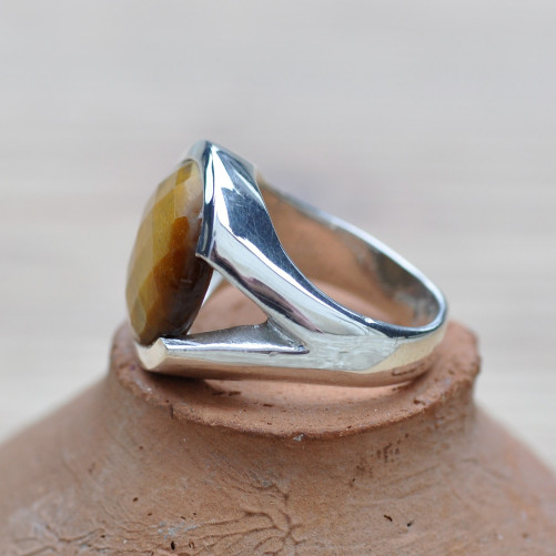 Bague en argent ronde en pierre Oeil de tigre à facettes T54