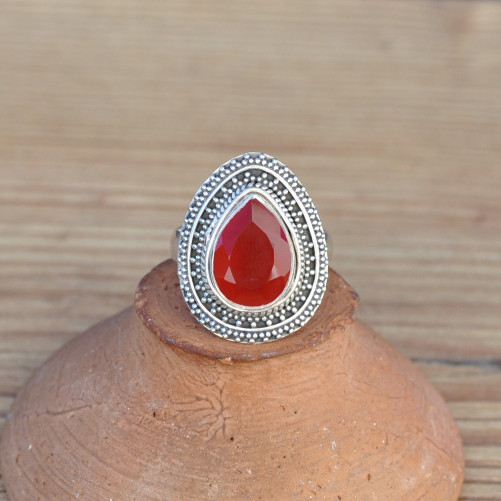 Bague goutte en argent ciselé et pierre Cornaline facettée (orange)