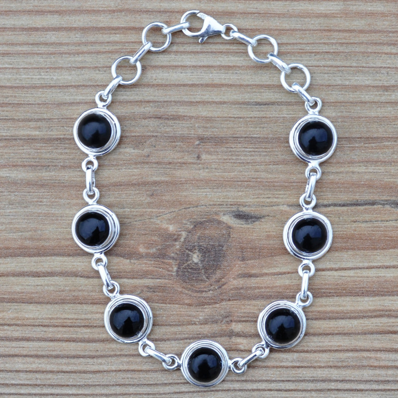 Bracelet fin argent ciselé et 7 pierres rondes en pierre d'onyx noir