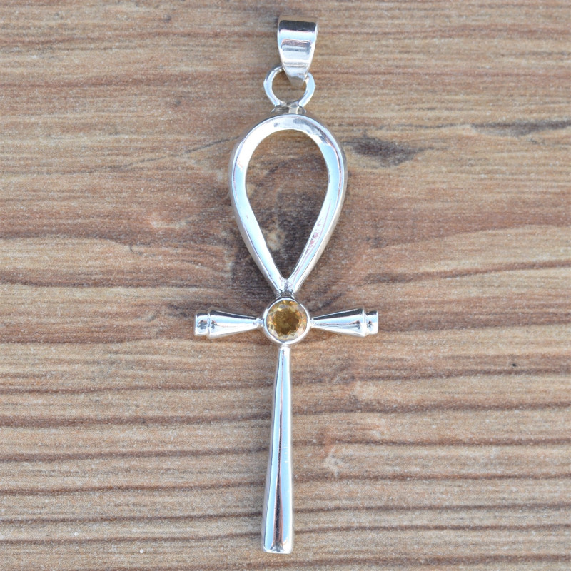 Pendentif croix égyptienne fine en argent et Citrine