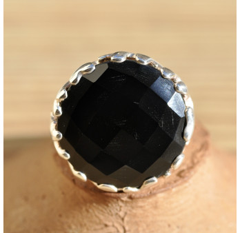Grosse bague argent branches corail pierre facettée Onyx noir T54