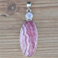 Gros pendentif ovale en argent et pierres Rhodochrosite et Pierre de lune facettée