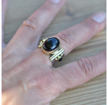 Bague anneau large argent et laiton pierre en onyx (noir) T56
