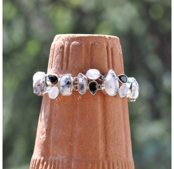 Bracelet argent 23 pierres associées en AGATE DENDRITE onyx noir pierre de lune (blanc)