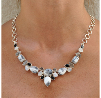 Collier plastron argent avec 24 pierres en AGATE DENDRITE onyx noir pierre de lune et quartz (blanc) (noir)