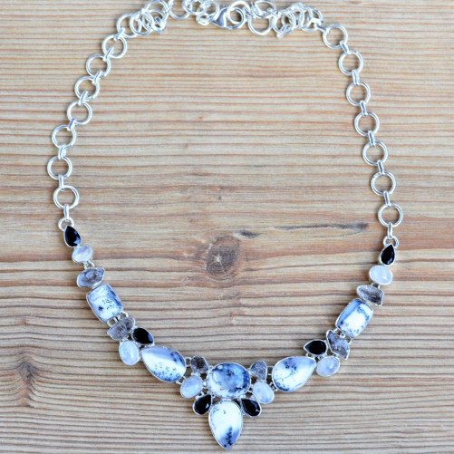 Collier plastron argent avec 24 pierres en AGATE DENDRITE onyx noir pierre de lune et quartz (blanc) (noir)